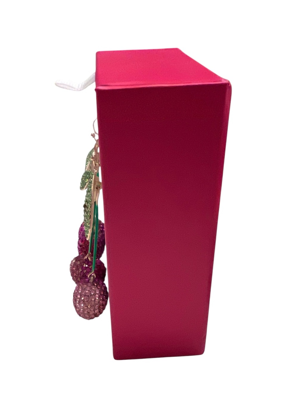 Piper K Sparkling Crystal Pink Cherry Drop Earrings with Green Leaves NEW - Picture 2 of 4